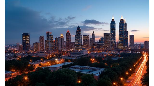 Skyline of Atlanta at dusk, with soft lighting and a sense of vibrant community and progress.