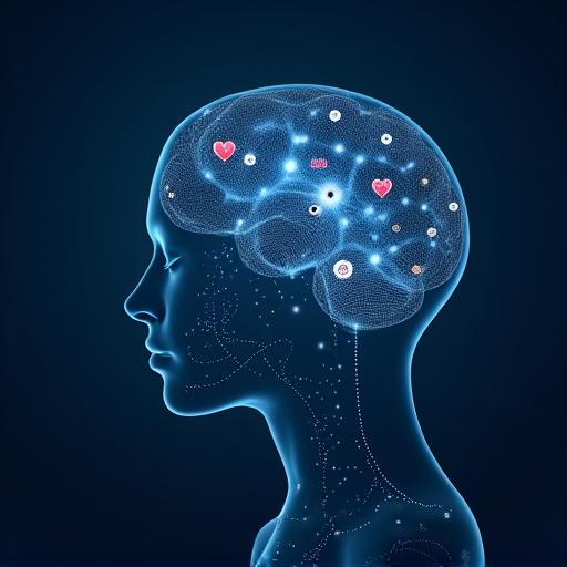 Abstract visualization of interconnected health data points and a human silhouette, representing personalized insights.