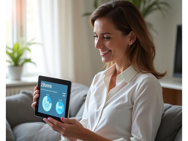 Woman looking thoughtfully at a tablet displaying health metrics, with a serene background suggesting personal growth.