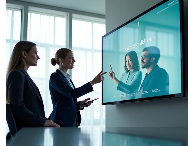 Business professionals discussing corporate wellness solutions in a modern office