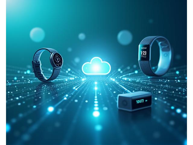 Illustration of various wearable health devices connected to a digital ecosystem