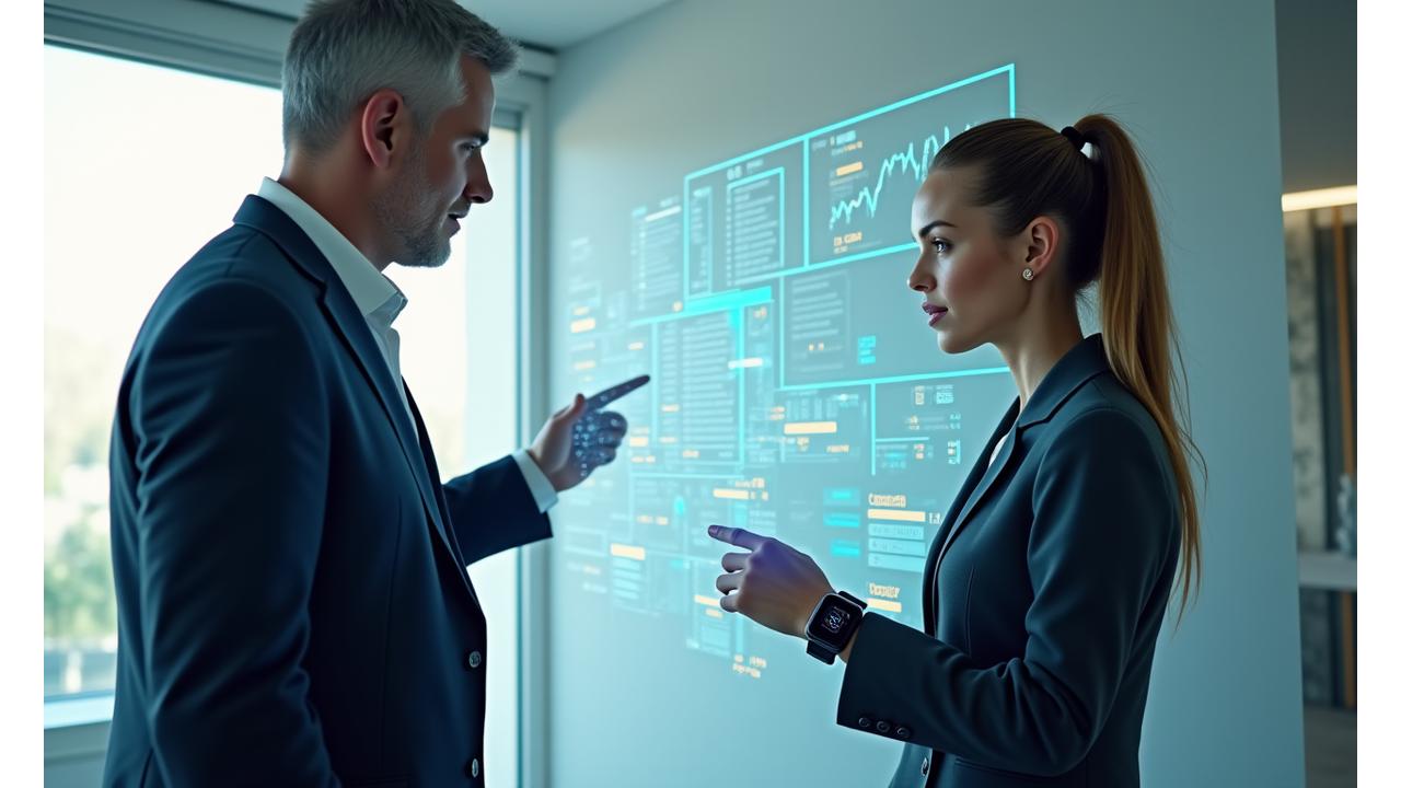 Interactive dashboard displaying AI health recommendations adjusting based on real-time sleep, stress, and recovery data from a wearable device, with a professional looking on.