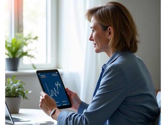 Woman reviewing continuous glucose monitor data on a tablet