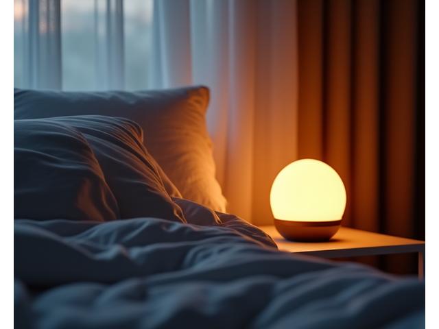 A serene bedroom at night with a dim, warm light from a smart lamp, a phone charging on a bedside table, and a sleeping figure.