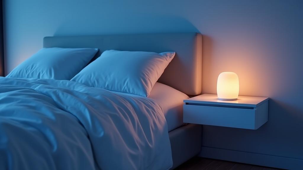 A serene, modern bedroom glowing with subtle smart home ambient light, showing sleep tracking wearables on a nightstand