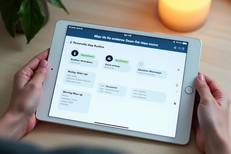 A tablet displaying a personalized sleep routine schedule, with icons for bedtime, winding down, and wake-up times.