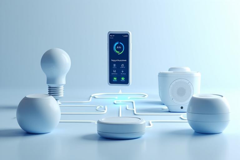 Diagram showing various smart home devices like a thermostat, smart bulb, and air purifier connected to a central sleep optimization app.